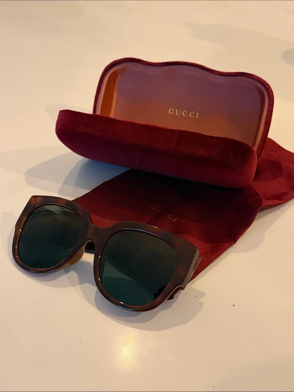 Gucci Oversized Women’s Dark Tortoise Frame Sunglasses with Green Lenses